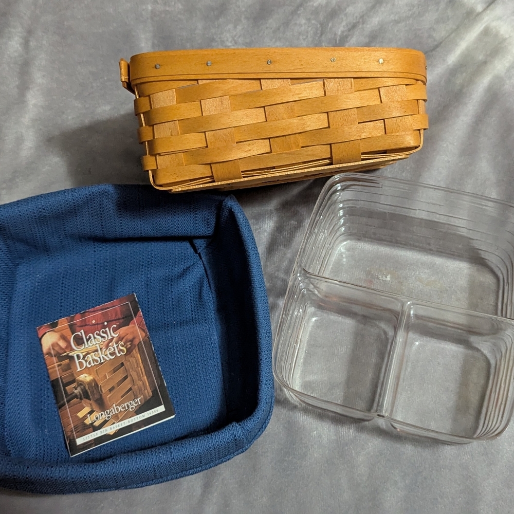 Longaberger Angled Tan Woven Basket - Blue Fabric Liner + Plastic Organizer